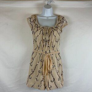Shail K. Romper 2 Cream Brown Sequin Rhinestones Lined Short Sleeve Tie Waist